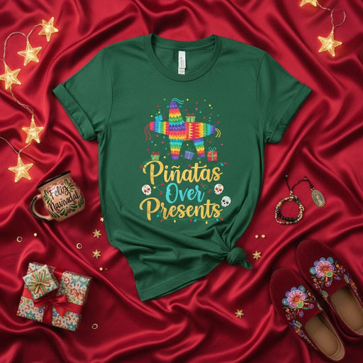 Piñatas Over Presents Funny Christmas T-Shirt, Mexican Piñata Xmas Tee with Sugar Skulls, Festive Holiday Party Unisex Gift Shirt Mexicada