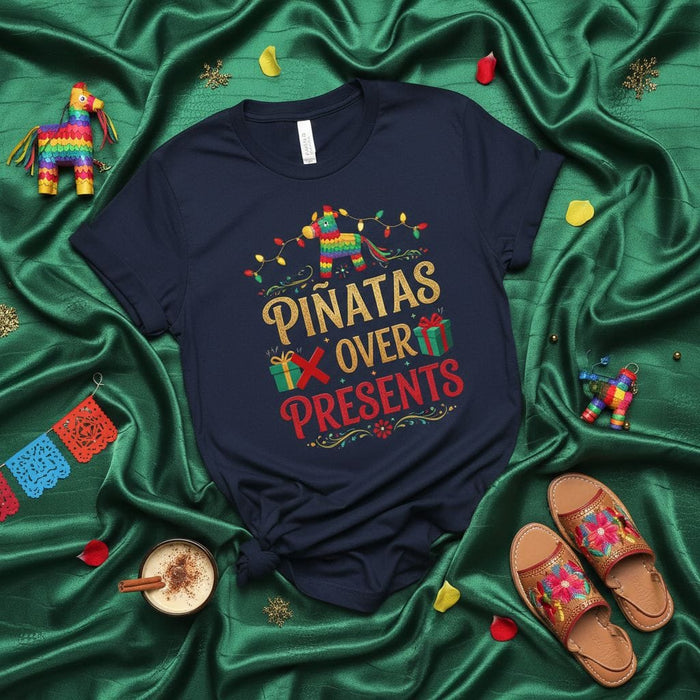 Piñatas Over Presents T-Shirt: Funny Festive Holiday Tee, Mexican Fiesta Pinata Christmas Lights Gift Idea for Men and Women, Unisex Graphic Top Mexicada