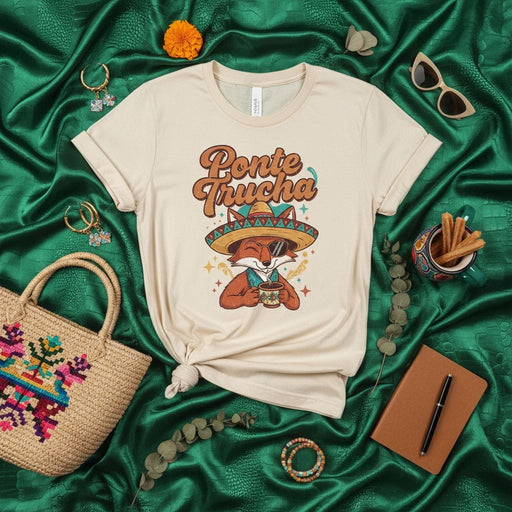 Ponte Trucha T-Shirt, Funny Mexican Fox in Sombrero with Coffee, Hispanic Culture Retro Graphic Tee, Unisex Latine Statement Shirt Mexicada