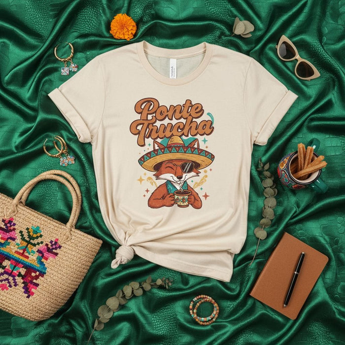 Ponte Trucha T-Shirt, Funny Mexican Fox in Sombrero with Coffee, Hispanic Culture Retro Graphic Tee, Unisex Latine Statement Shirt Mexicada