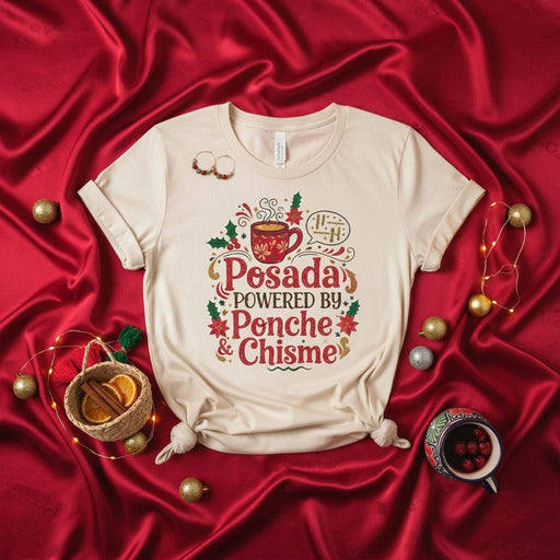 Posada Powered By Ponche & Chisme Christmas T-Shirt, Mexican Holiday Fiesta Tee, Funny Spanglish Posadas Party Shirt, Navidad Gift Idea, Cultural Winter Season Apparel Mexicada