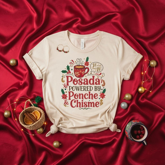 Posada Powered By Ponche & Chisme Christmas T-Shirt, Mexican Holiday Fiesta Tee, Funny Spanglish Posadas Party Shirt, Navidad Gift Idea, Cultural Winter Season Apparel Mexicada