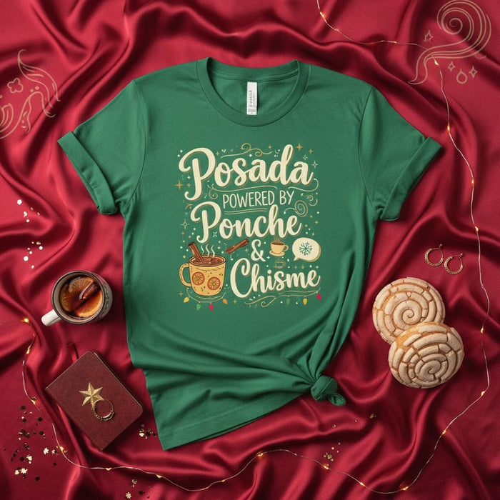 Posada Powered By Ponche & Chisme Shirt, Green Christmas Tee, Festive Mexican Holiday Party T-Shirt, Posadas Navideñas Drinking & Gossip Top, Cozy Winter Design, Unisex Gift Idea Mexicada