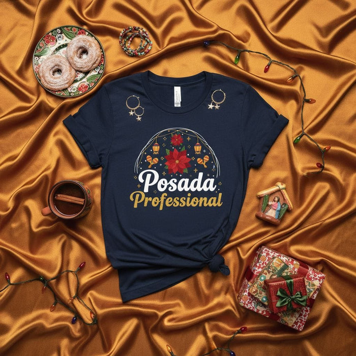 Posada Professional Shirt, Festive Christmas Party Tee, Holiday Celebration T-Shirt, Poinsettia Wreath Design, Unisex Spanish and English Phrase Apparel, Navideña Fiesta Outfit Mexicada