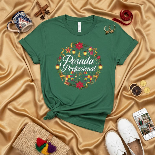 Posada Professional Shirt, Posada Navideña T-Shirt, Christmas Posada Party Tee, Mexican Holiday Celebration Gift, Festive Posadas Shirt, Green Unisex T-Shirt with Lanterns and Piñatas Print Mexicada
