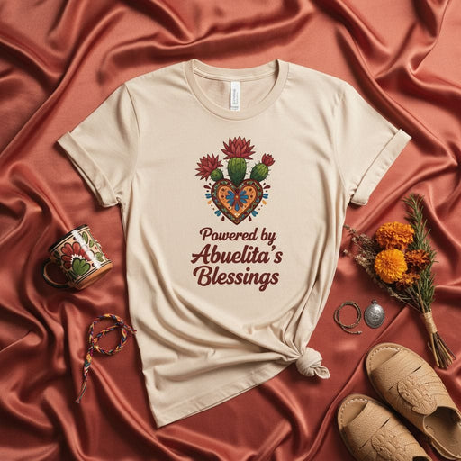 Powered by Abuelita's Blessings T-Shirt, Mexican Grandma Gift, Floral Cactus Corazón Heart Design Tee, Latina Abuela Power Shirt, Spanish Family Heritage Top Mexicada