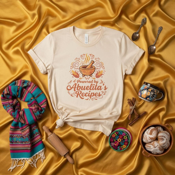 Powered by Abuelita's Recipes T-Shirt, Mexican Cooking Shirt, Funny Spanish Grandma Tee, Abuela Gift, Molcajete Graphic, Foodie Apparel, Unisex Heritage Cuisine Shirt, Cultural Kitchen Art, Family Recipe Shirt. Mexicada