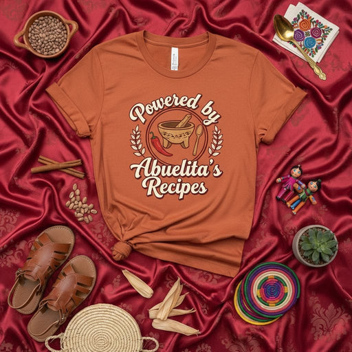 Powered by Abuelita's Recipes T-Shirt Unisex, Grandma's Cooking Latinx Foodie Shirt, Molcajete Chili Pepper Spoon Graphic Tee, Cultural Heritage Gift for Hispanic & Mexican Grandmothers and Grandsons/Granddaughters Mexicada