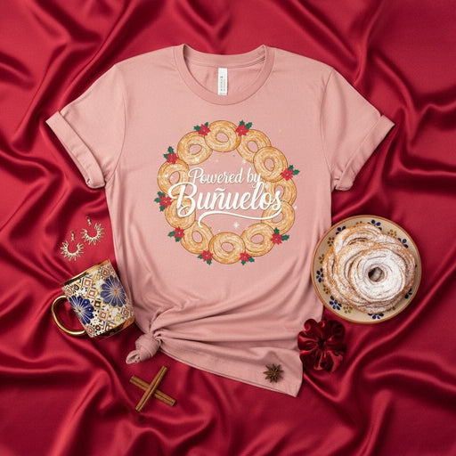 Powered by Buñuelos T-Shirt, Christmas Donut Cookie Wreath Tee, Holiday Mexican Dessert Shirt, Unisex Spanish Food Gift Top Mexicada