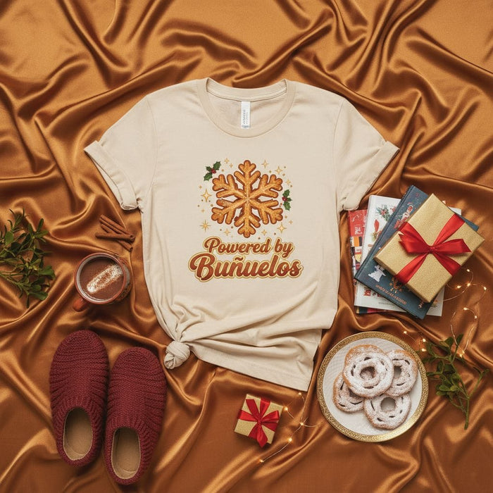 Powered by Buñuelos T-Shirt, Christmas Snowflake Cookie Holiday Dessert Shirt, Cute Latina Hispanic Family Xmas Gift, Unisex Tee. Mexicada