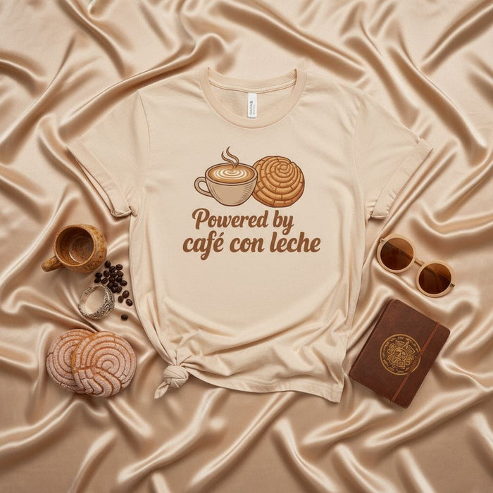 Powered by Café Con Leche Shirt, Concha Pan Dulce Tee, Hispanic Coffee Lover Gift, Mexican Sweet Bread T-Shirt, Pastel Cream Unisex Crewneck Top, Latinx Foodie Apparel Mexicada