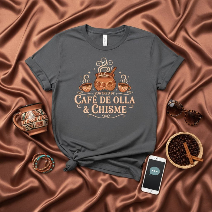 Powered by Café de Olla & Chisme T-Shirt, Mexican Coffee Shirt, Hispanic Culture Gift, Latina T-Shirt, Cafe De Olla Art, Cozy Coffee Tee, Spanish Phrase Shirt, Dia De Muertos, Coffee Lover Gift, Unisex Graphic Tee Mexicada