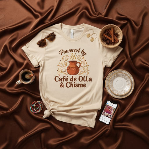 Powered by Café de Olla & Chisme T-Shirt, Unisex Tee with Coffee Mug Design, Latina Gift, Spanish Quote Shirt, Mexican Coffee Lover Apparel, Gossip and Coffee Culture Top Mexicada