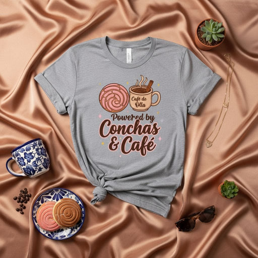 Powered by Conchas & Café Latina Coffee Lovers Unisex T-Shirt - Mexican Pan Dulce and Café de Olla Graphic Tee Shirt Gift Mexicada