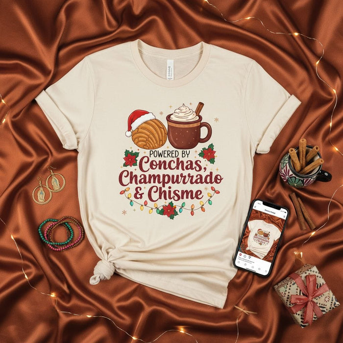 Powered by Conchas, Champurrado & Chisme Christmas T-Shirt, Mexican Hot Chocolate Tee, Pan Dulce Concha Shirt, Holiday Latina Apparel Gift Mexicada