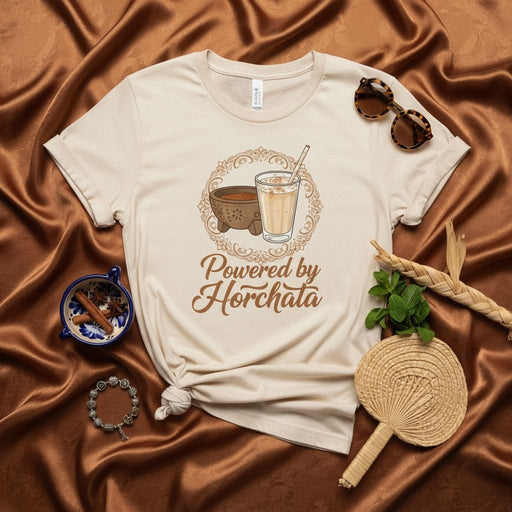 Powered by Horchata T-Shirt, Mexican Drink Graphic Tee, Latinx Culture Apparel, Cinnamon Rice Milk Design, Unisex Top for Horchata Lovers Mexicada