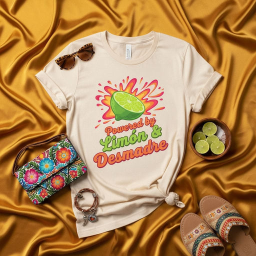 Powered by Limón & Desmadre Shirt, Funny Mexican Spanish T-Shirt, Limon Lime Citrus Graphic Tee, Fiesta Party Outfit, Latina Gift, Unisex Soft Cream Short Sleeve T-Shirt Mexicada