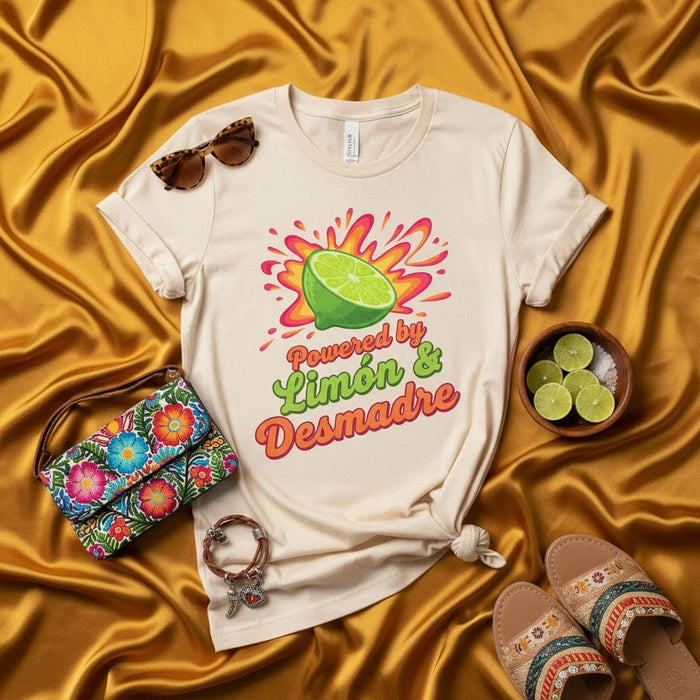 Powered by Limón & Desmadre Shirt, Funny Mexican Spanish T-Shirt, Limon Lime Citrus Graphic Tee, Fiesta Party Outfit, Latina Gift, Unisex Soft Cream Short Sleeve T-Shirt Mexicada