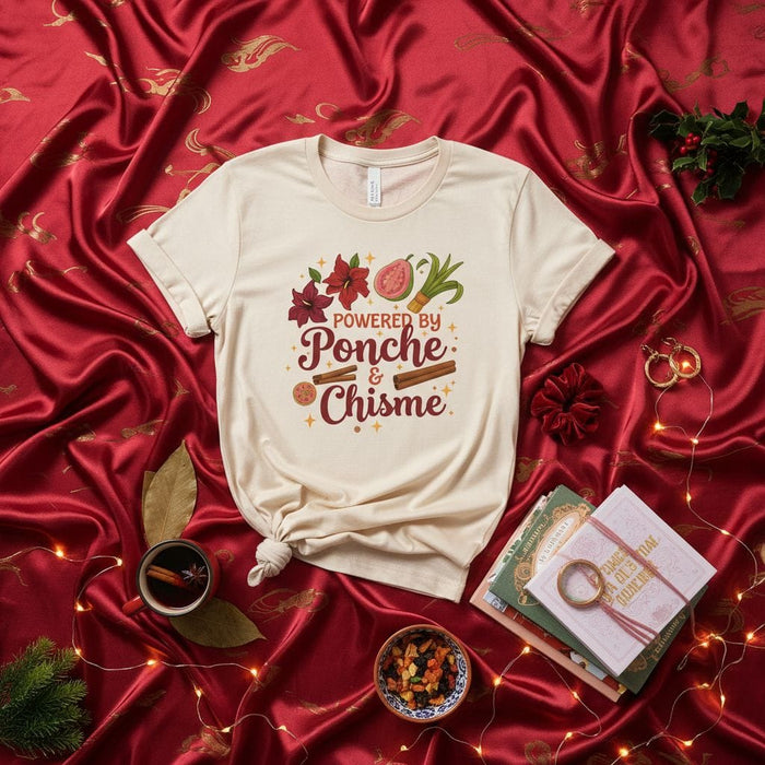 Powered By Ponche & Chisme T-Shirt, Unisex Holiday Tee, Christmas Poinsettia Guava Punch Shirt, Funny Spanish Quote Latine Gift Idea, Festive Winter Drink Apparel. Mexicada