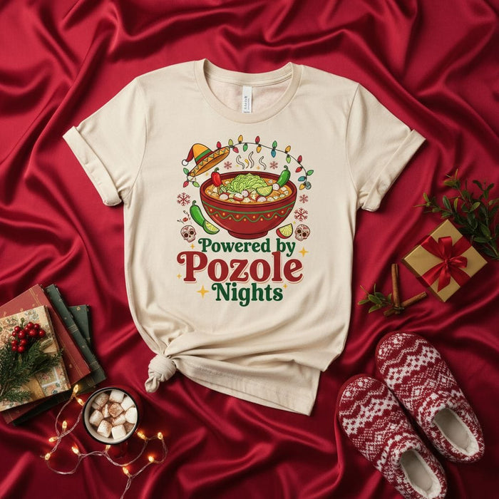 Powered by Pozole Nights T-Shirt | Funny Christmas Mexican Food Tee | Holiday Pozole Lover Gift | Xmas Party Family Matching Shirt with Sombrero and Lights Mexicada