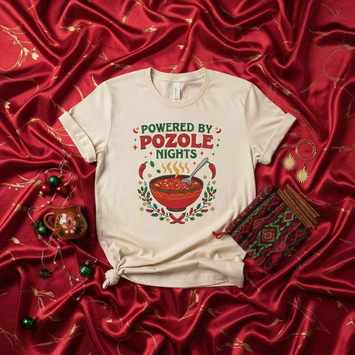 Powered by Pozole Nights T-Shirt, Funny Mexican Food Christmas Sweater Style Tee, Traditional Pozole Rojo Soup Gift for Holidays and Winter Mexicada