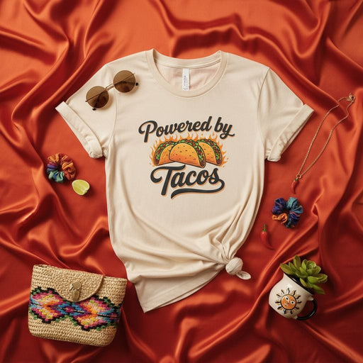 Powered by Tacos Shirt, Funny T-Shirt for Taco Lovers, Retro Vintage Style Graphic Tee, Unisex Food Lover Gift T-Shirt, Fiesta Mexican Food Theme Graphic T-Shirt Mexicada