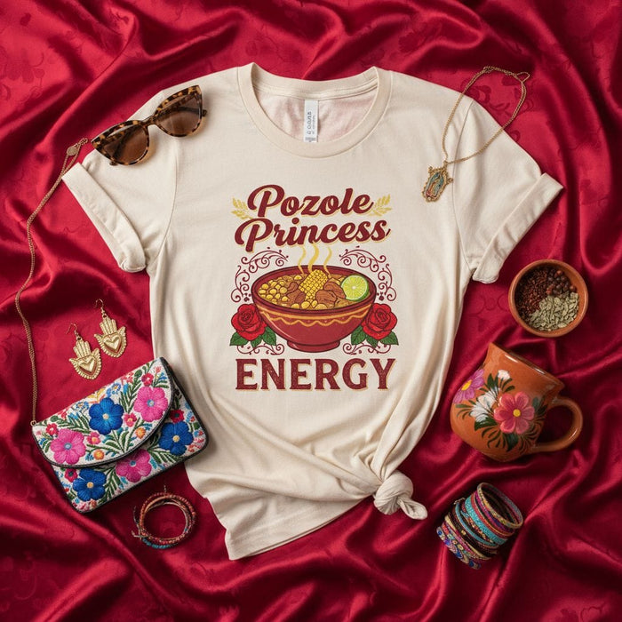 Pozole Princess Energy T-Shirt: Delicious Mexican Soup Foodie Tee, Day of the Dead Shirt, Traditional Latin American Dish Top, Red Roses and Lime Graphic T-Shirt Gift for Her Mexicada