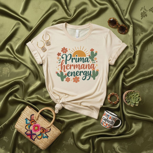 Prima Hermana Energy T-Shirt, Cute Sister Cousin Tee, Mexican Fiesta Shirt, Spanish Language Clothing, Desert Sun and Cactus Graphic Top for Women Mexicada