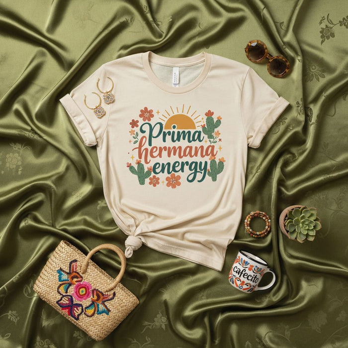 Prima Hermana Energy T-Shirt, Cute Sister Cousin Tee, Mexican Fiesta Shirt, Spanish Language Clothing, Desert Sun and Cactus Graphic Top for Women Mexicada