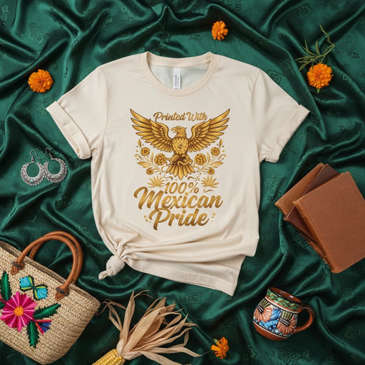 Printed With 100% Mexican Pride T-Shirt, Unisex Gold Eagle Design, Floral Graphic Tee, Día de Muertos Inspired Outfit, Hispanic Heritage Apparel Mexicada