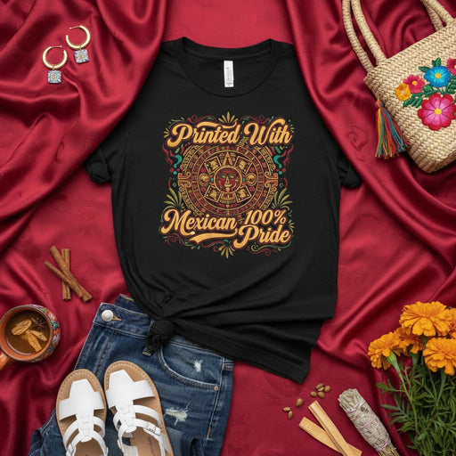 Printed With Mexican 100% Pride Aztec Calendar T-Shirt, Unisex Shirt for Mexican Heritage Celebration, Mexico Culture Apparel, Cinco de Mayo, Día de Muertos, Gift for Him/Her Mexicada