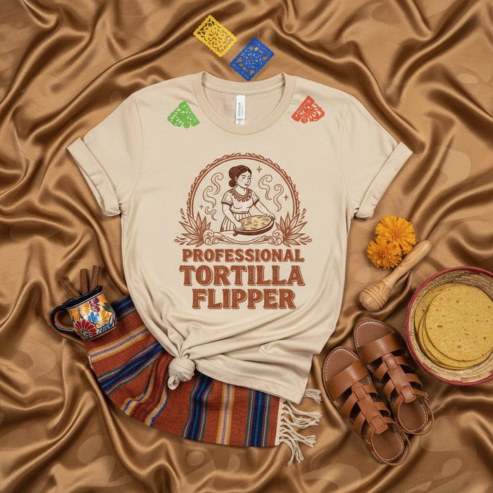 Professional Tortilla Flipper T-Shirt, Mexican Cooking Shirt, Funny Spanish Food Lover Gift, Latina Cook Tee, Fiesta Apparel, Women Making Tortillas Top Mexicada