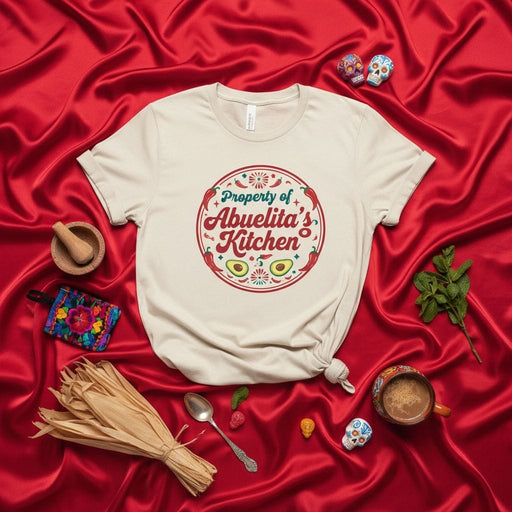 Property of Abuelita's Kitchen T-Shirt, Funny Mexican Grandma Cooking Shirt, Dia de Muertos Sugar Skull Avocados Chili Peppers Design, Unisex Tee for Foodie and Hispanic Heritage Celebration Mexicada