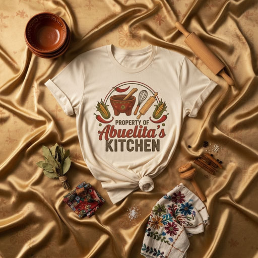Property of Abuelita's Kitchen T-Shirt, Funny Mexican Grandma Cooking Shirt, Latina Chef Gift, Vintage Style Molcajete Corn Rolling Pin Graphic Tee, Unisex Kitchen Apparel for Grandmother Nana Mexicada