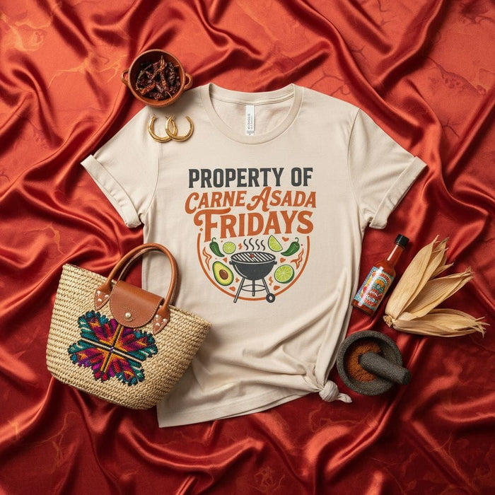 PROPERTY OF CARNE ASADA FRIDAYS T-Shirt, Mexican BBQ Grill Shirt, Funny Hispanic Foodie Tee, Avocado Lime Chile Pepper Graphic, Weekend Fiesta Outfit, Unisex Gift Idea Mexicada