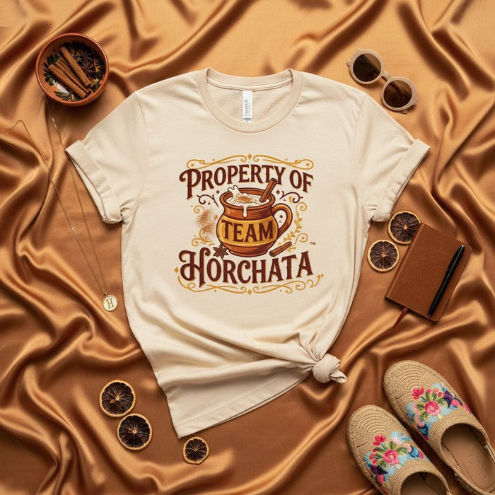 Property of Team Horchata Shirt, Cozy Cinnamon Drink Tee, Mexican Food Lover Gift, Unisex Horchata T-Shirt, Latinx Sweet Rice Drink Apparel, Spice and Sugar Graphic Top, Beige Summer Vacation Top Mexicada