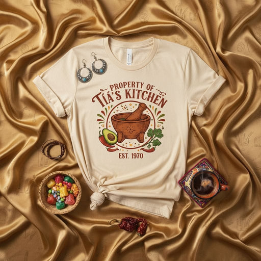 Property of Tia's Kitchen Est. 1970 Unisex T-Shirt with Molcajete, Avocado, and Chili Pepper Graphic, Latina Heritage Cooking Tee, Chef Gift for Aunt or Grandmother. Mexicada