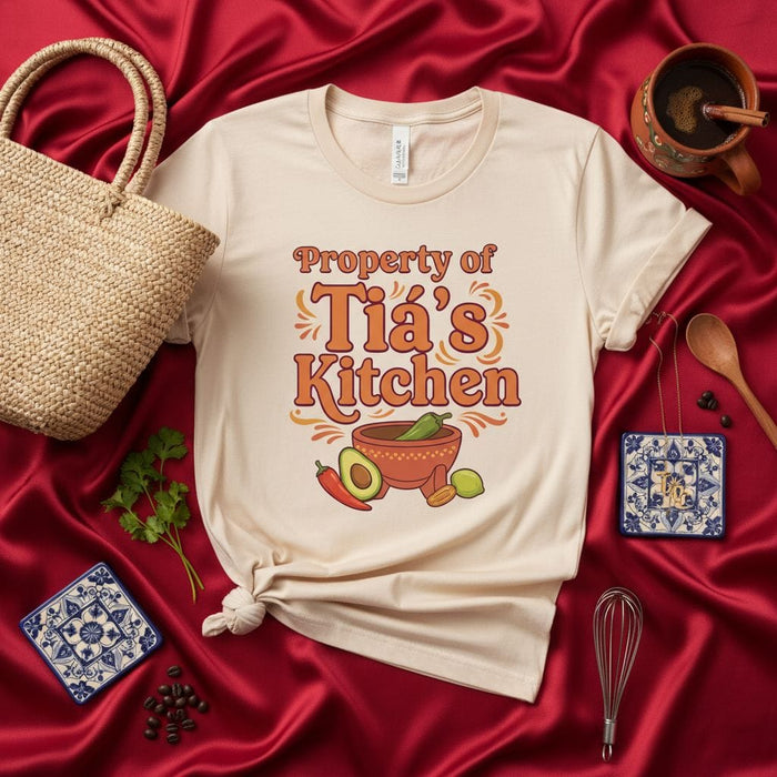 Property of Tía's Kitchen Shirt, Funny Latina T-Shirt, Mexican Food Lover Gift, Retro Spanish T-Shirt, Avocado Molcajete Graphic Tee, Tía Gift Idea, Cinco de Mayo Outfit, Family Chef Shirt, Women's Men's Unisex T-Shirt Mexicada