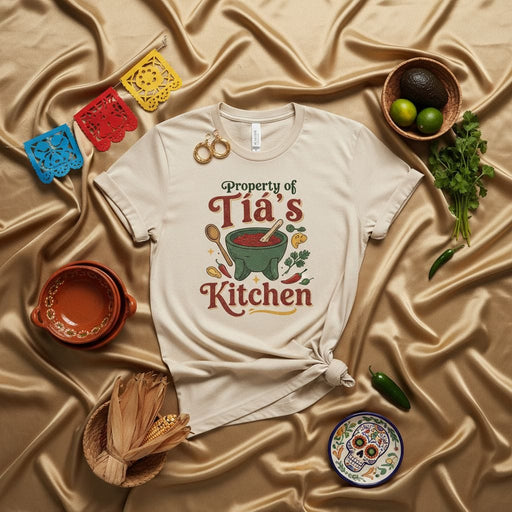 Property of Tía's Kitchen Unisex T-Shirt with Molcajete Salsa Design, Funny Mexican Foodie Gift Tee for Aunt, Latina Cooking Apparel, Hispanic Heritage Shirt Mexicada