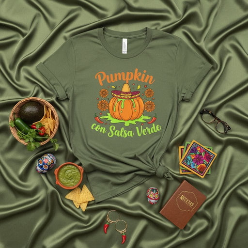 Pumpkin con Salsa Verde Halloween Mexican Fiesta T-Shirt Unisex, Funny Spooky Season Fall Tee with Sombrero and Chiles, Day of the Dead Skulls Decor, Cinco de Mayo Style Graphic Mexicada