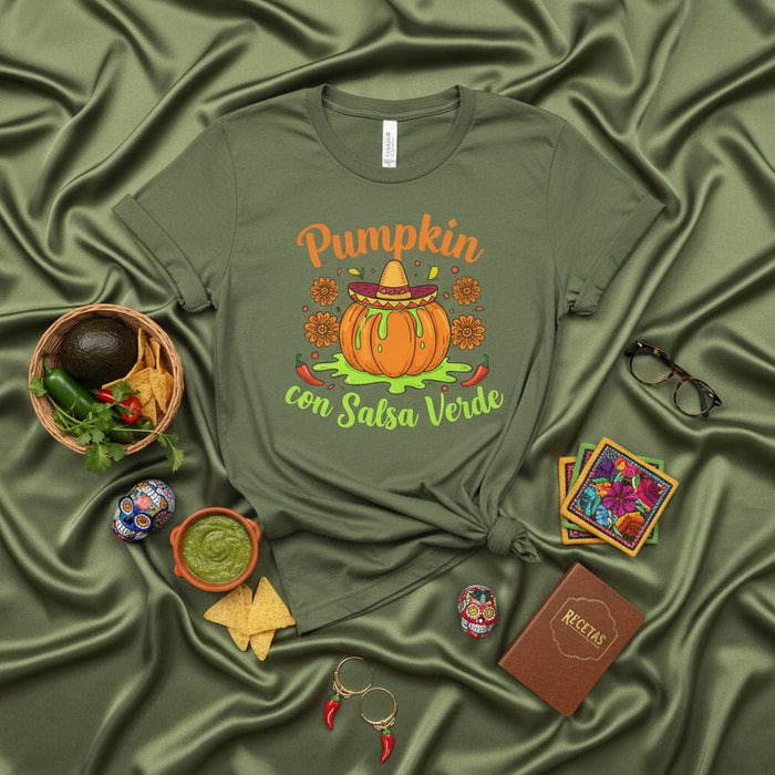Pumpkin con Salsa Verde Halloween Mexican Fiesta T-Shirt Unisex, Funny Spooky Season Fall Tee with Sombrero and Chiles, Day of the Dead Skulls Decor, Cinco de Mayo Style Graphic Mexicada