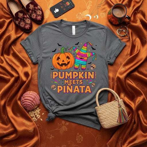 Pumpkin Meets Piñata Halloween Unisex T-Shirt, Spooky Jack-o'-Lantern and Colorful Piñata Design, Day of the Dead Skulls, Fall Holiday Shirt, Funny Trick or Treat Graphic Tee, Dark Gray Short Sleeve Shirt Mexicada