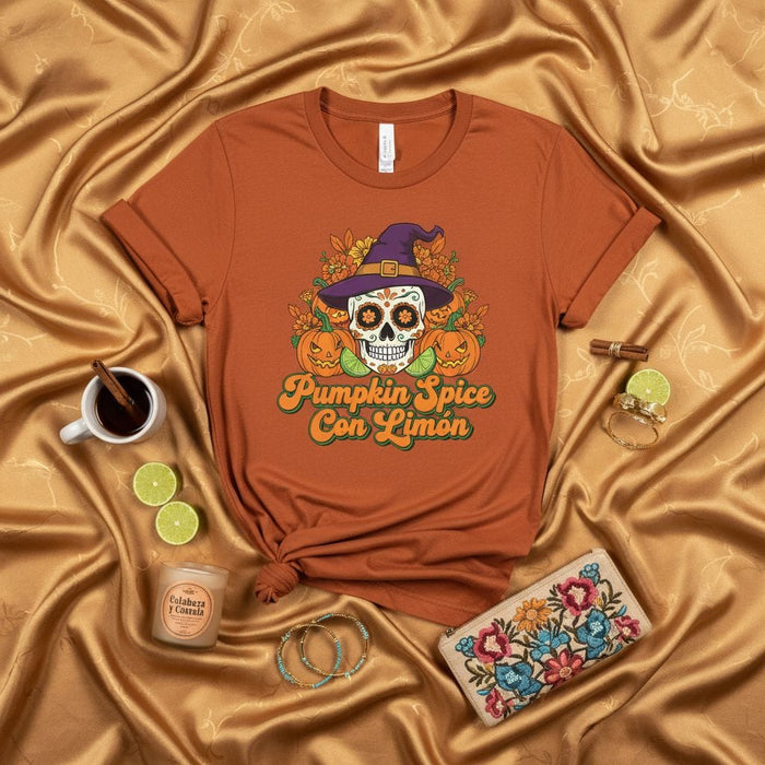 Pumpkin Spice Con Limón Calavera Sugar Skull Halloween T-Shirt, Witch Hat Day of the Dead Shirt, Unisex Fall Spooky Season Graphic Tee Mexicada