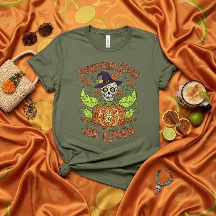 Pumpkin Spice Con Limón T-Shirt Day of the Dead Sugar Skull Halloween Fall Shirt Spooky Latina Tee Women's Men's Unisex Sizing Festive Autumn Apparel Citrus and Cinnamon Graphic Shirt Mexicada