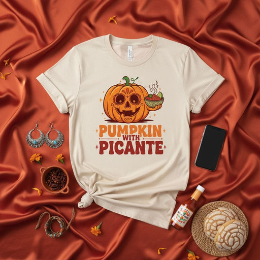 Pumpkin with Picante Spicy Jack-o'-Lantern Halloween Unisex T-Shirt, Fall Spooky Season Shirt with Hot Sauce Bowl Graphic, Beige Tee with Spanish Text Design Mexicada