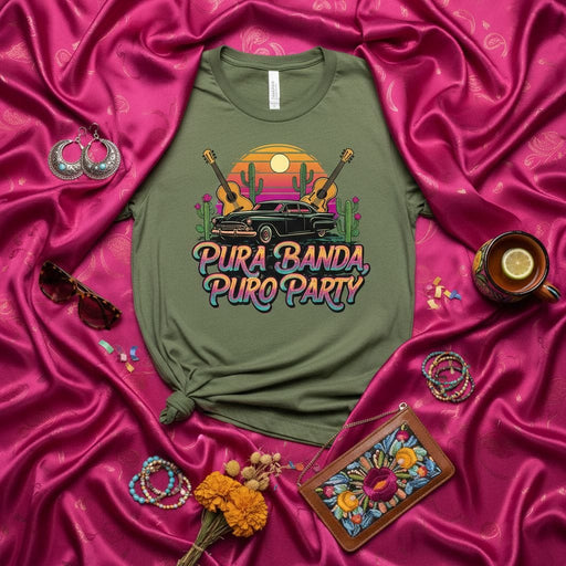 Pura Banda, Puro Party Shirt, Musica Mexicana T-Shirt, Fiesta Mexicano Tee, Retro Sunset Guitar Classic Car Desert Cactus Graphic Unisex T-Shirt Mexicada