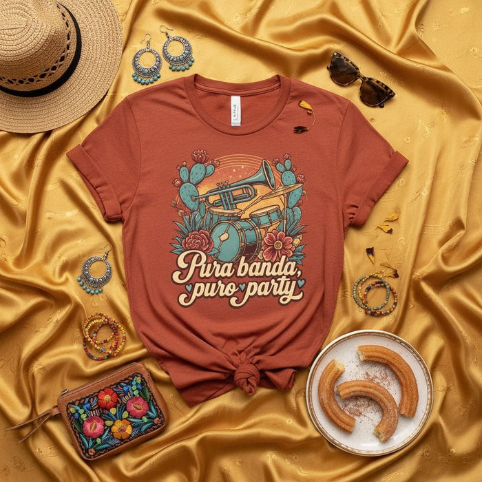Pura Banda, Puro Party Shirt, Vintage Southwestern Desert Brass Band Graphic Tee, Funny Mexican Fiesta Musica T-Shirt, Cactuses and Flowers Gift Mexicada