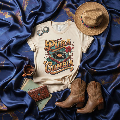 Pura Cumbia T-Shirt, Retro Vinyl Record Player Tee, Hispanic Music Lover Shirt, Vintage Cumbia Graphic Tee, Unisex Latin Dance Shirt, Spanish Phrase Top Mexicada
