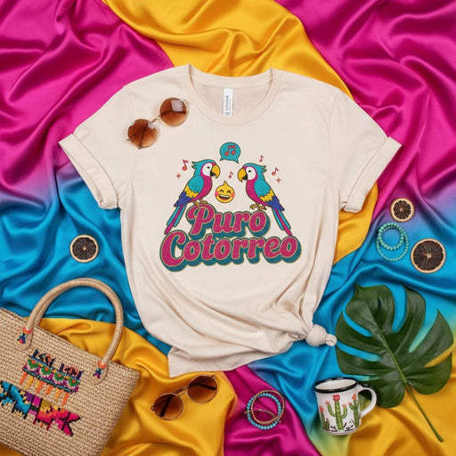 Puro Cotorreo T-Shirt: Fun Parrot Design Tee, Latino Spanish Slang Shirt, Musical Fiesta Vibe T-Shirt, Gift for Friends Who Love to Chat and Party Mexicada
