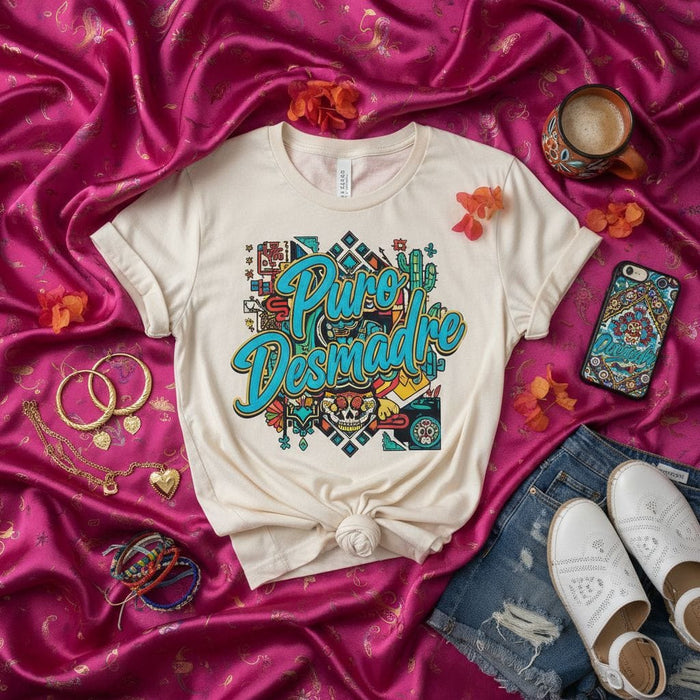 Puro Desmadre Shirt, Colorful Mexican Fiesta T-Shirt, Sugar Skull Graphic Tee, Latino Culture Apparel, Casual Unisex Desmadre Gift T-Shirt, Fun Bright Graphic Design T-Shirt Mexicada